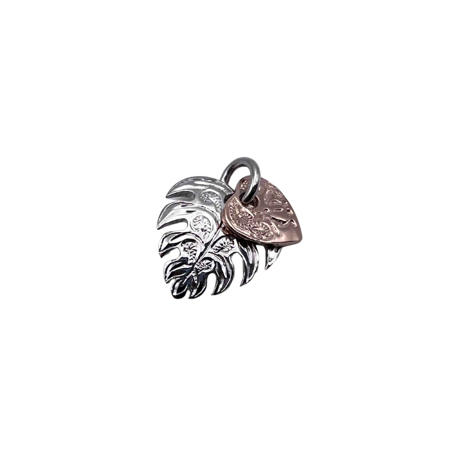 Tropical Monstera Pendant 925 Silver Rose Tone Engraved Leaf Charm Free Shipping