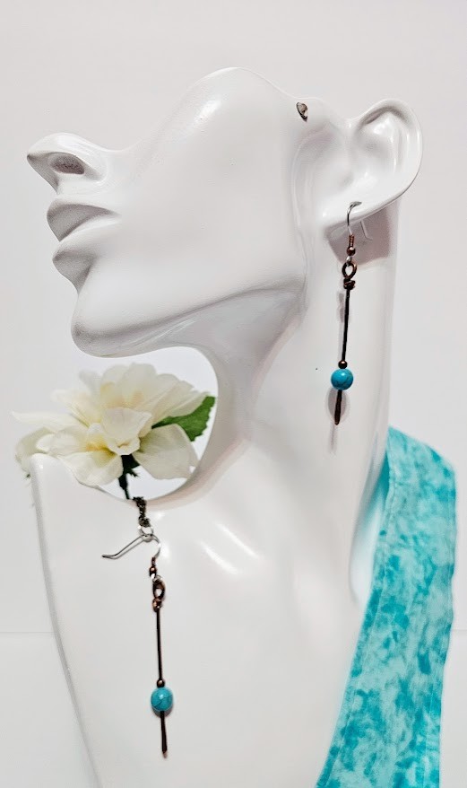 Handmade Copper Stick Dangle Earrings Blue Magnesite Beaded Boho Drop