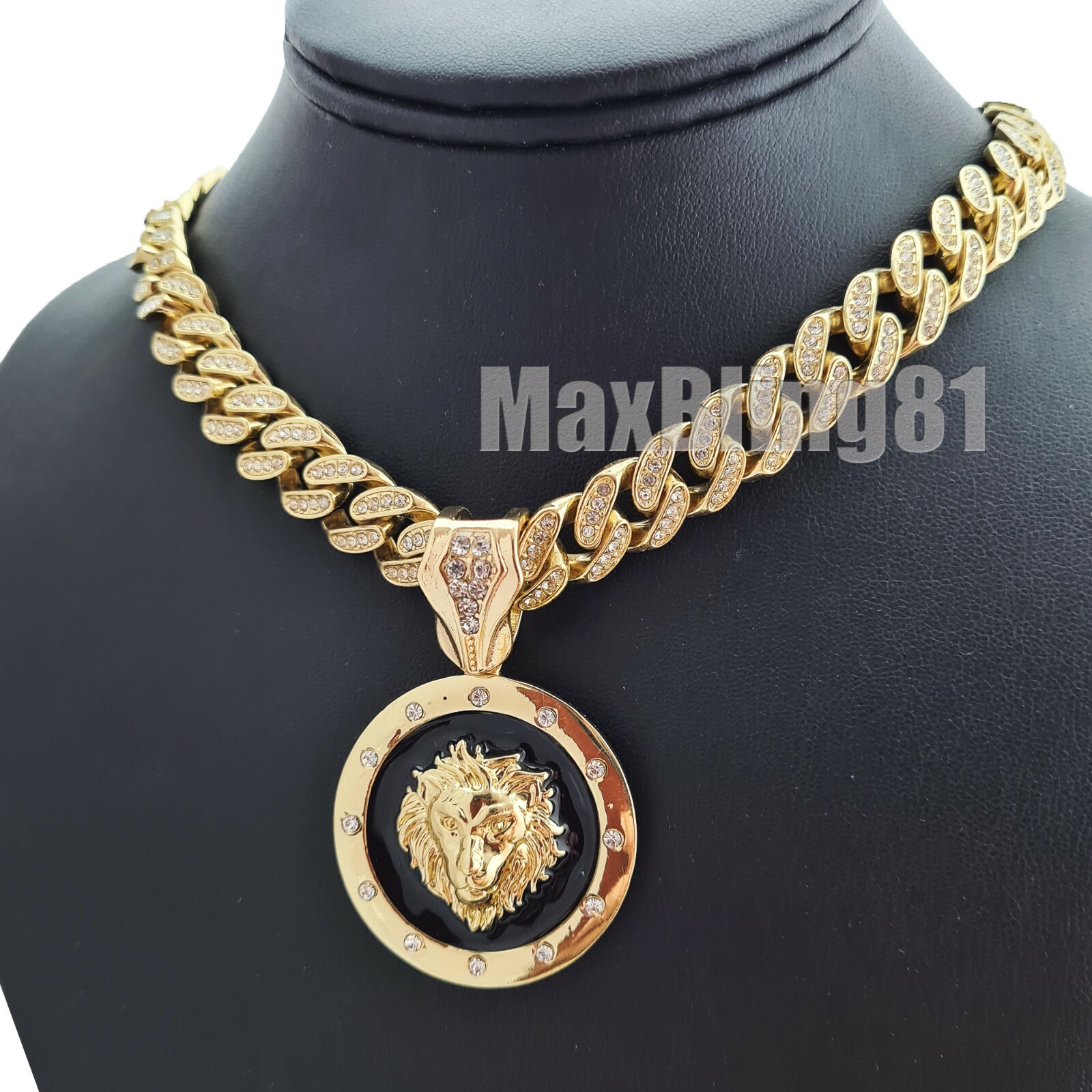 Hip Hop Gold Lion Head Pendant & 16″ 18″ 20″ 24″ Iced Cuban Chain Bling Necklace