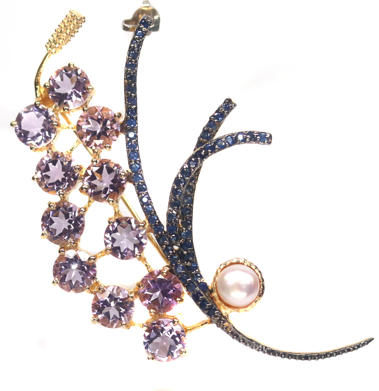 Pink Amethyst Pearl Sapphire Brooch Pendant Sterling Silver 925