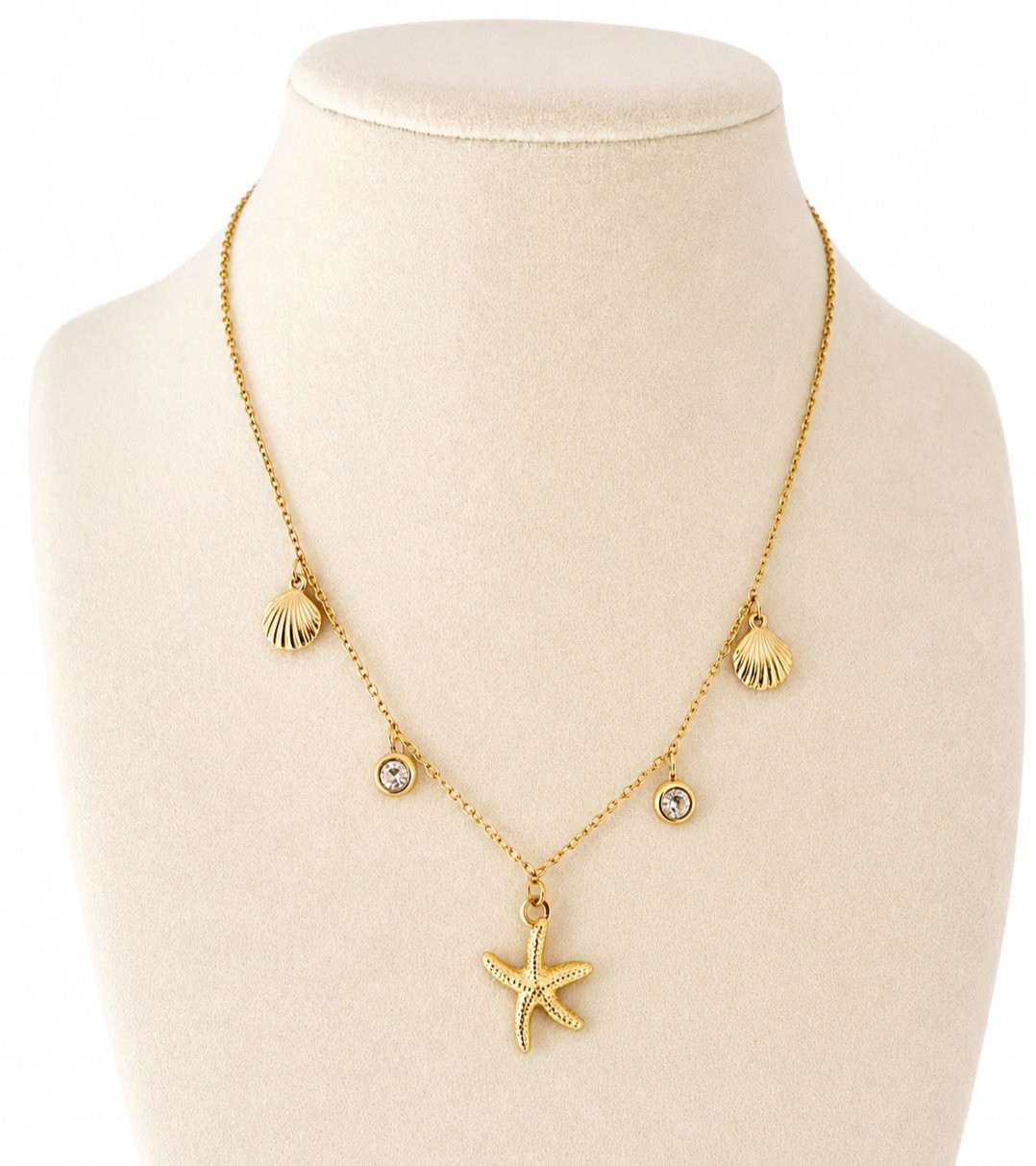 18K Gold Plated Stainless Steel Starfish Shell CZ Dainty Necklace Coastal NWT