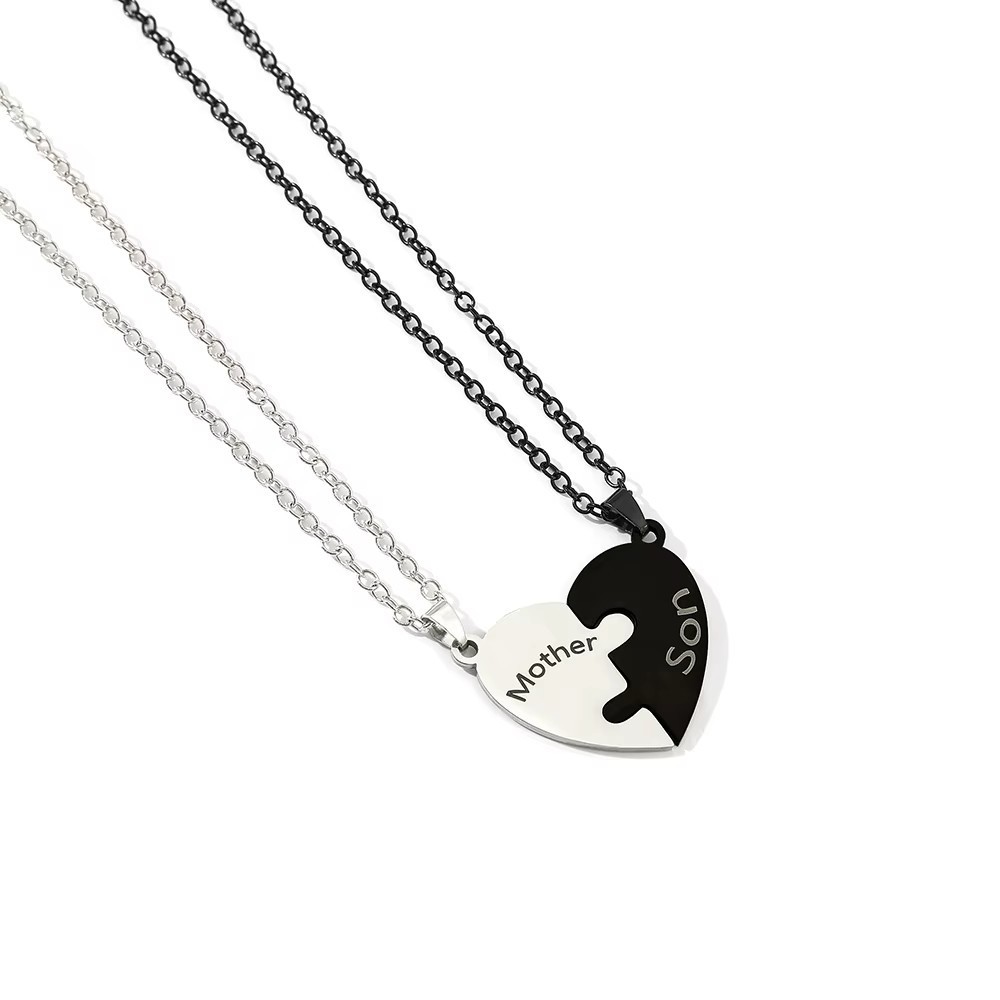 Mother Son Puzzle Heart Necklace Set Black Silver Stainless Steel Matching Gift