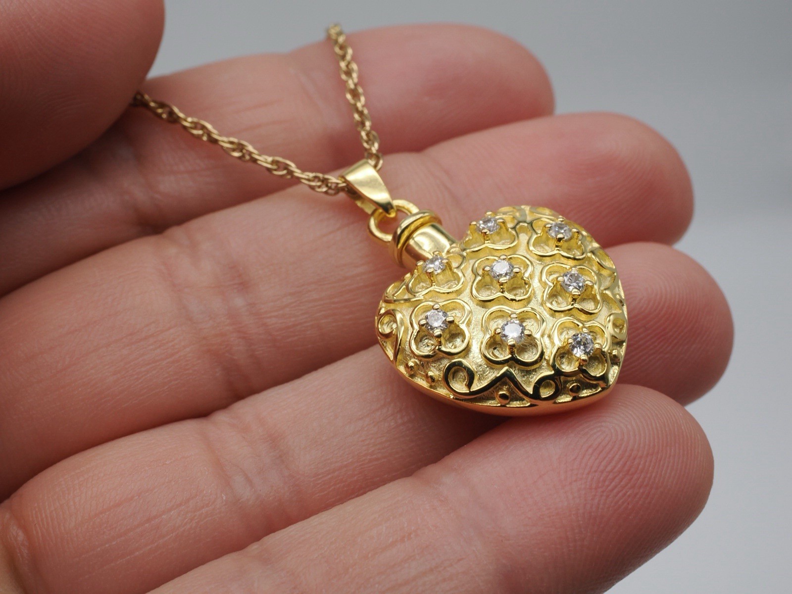 Heart Cremation Keepsakes Gold Plated Over 925 Sterling Silver Pendant Cz Stones