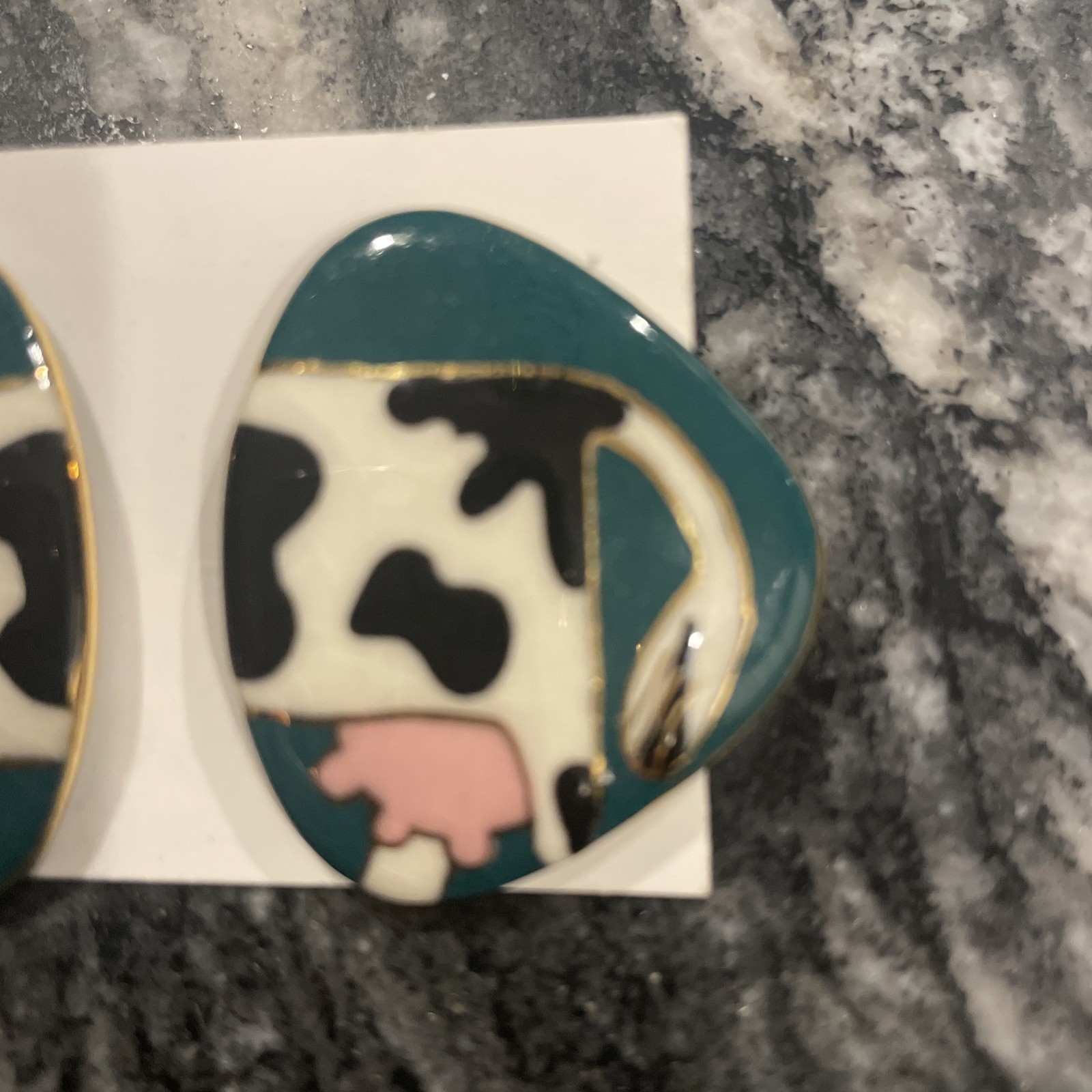 Vintage Ceramic Enamel Cow Front And Rear Post Earrings Gold Trim