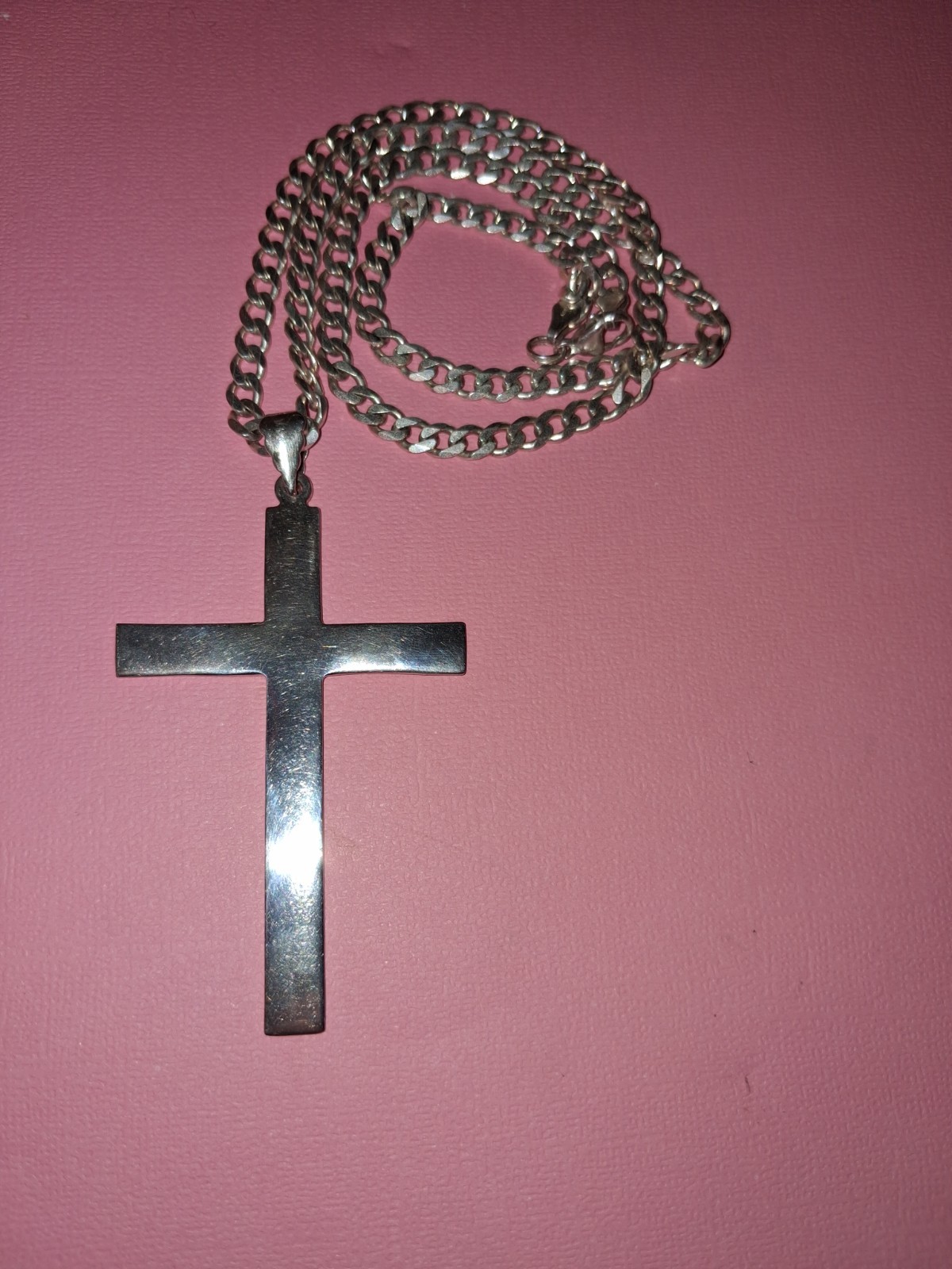 AB 925 Italian Sterling Curb Chain & Large Sterling Cross Pendant 24.5″ 43.3g
