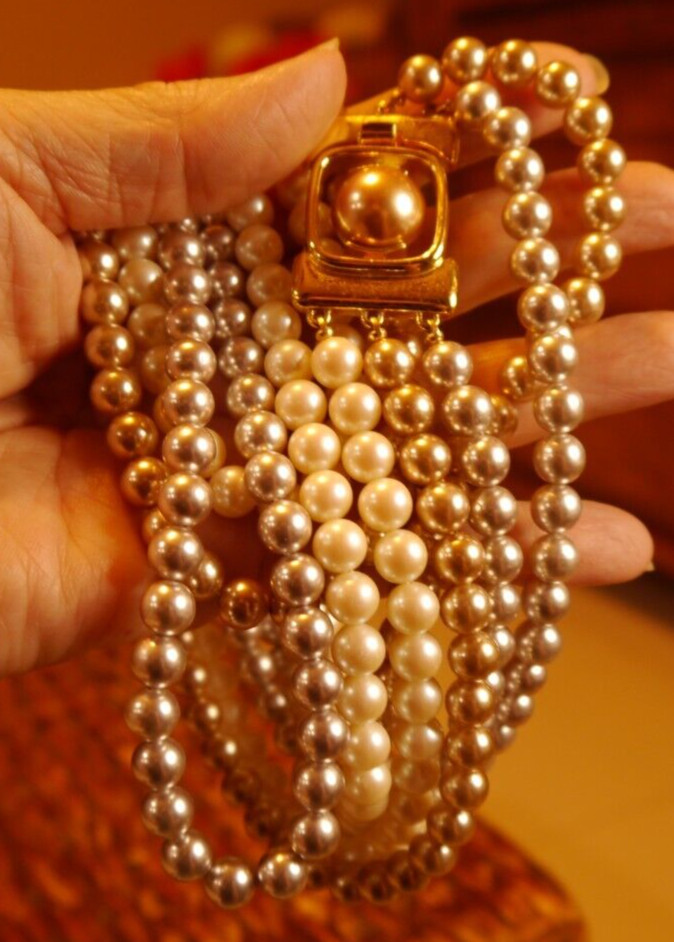 Monet Necklace Faux Pearl Gray Cream Champagne Triple Strand Ornate Box Clasp