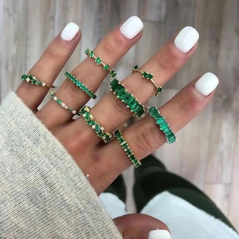 Women Cubic Zirconia Ring Green Crystal Rings Party Lady Engagement Jewelry 1Pc