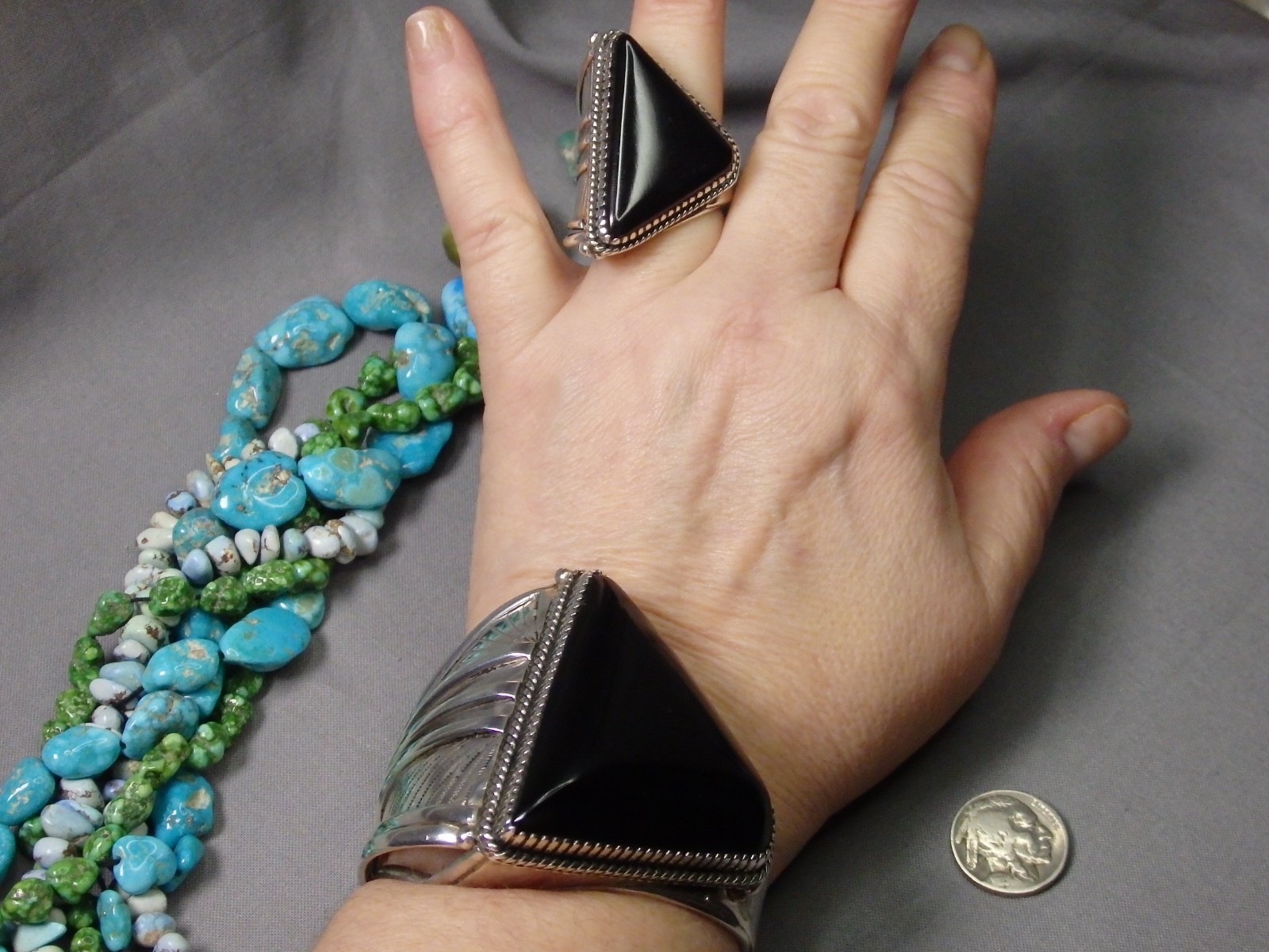 NAVAJO Yazzie Black ONYX Sterling Silver 114g 7″size Cuff & 36g Ring sz8.5 RARE