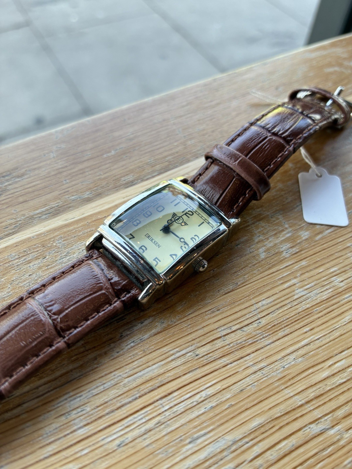 Eriksen Vintage Retro Rectangular Watch Silver Cream Dial Brown Leather