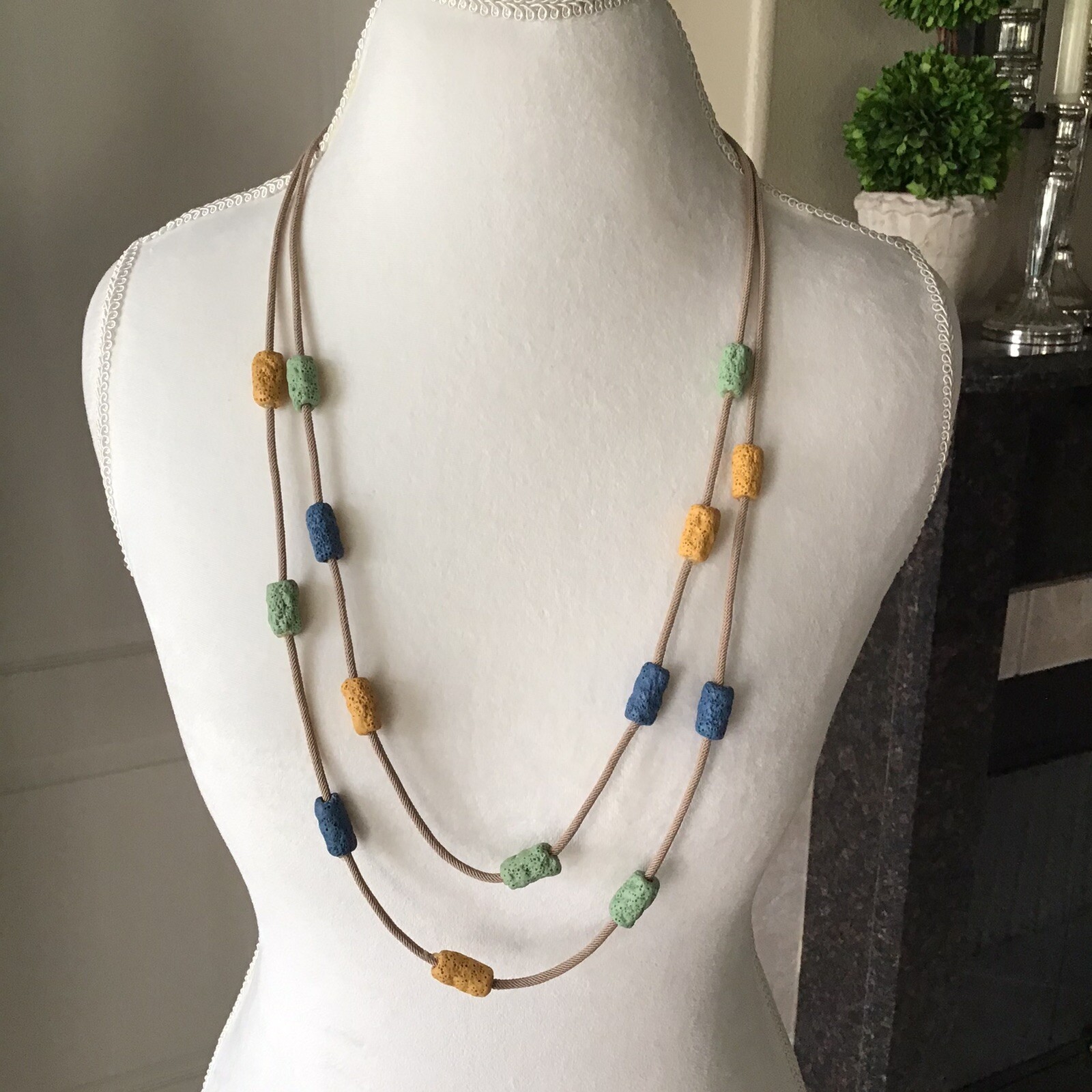 Lava Bead Tube Bead Necklace Earrings SET 2-Strand Boho Blue Green Gold NEW