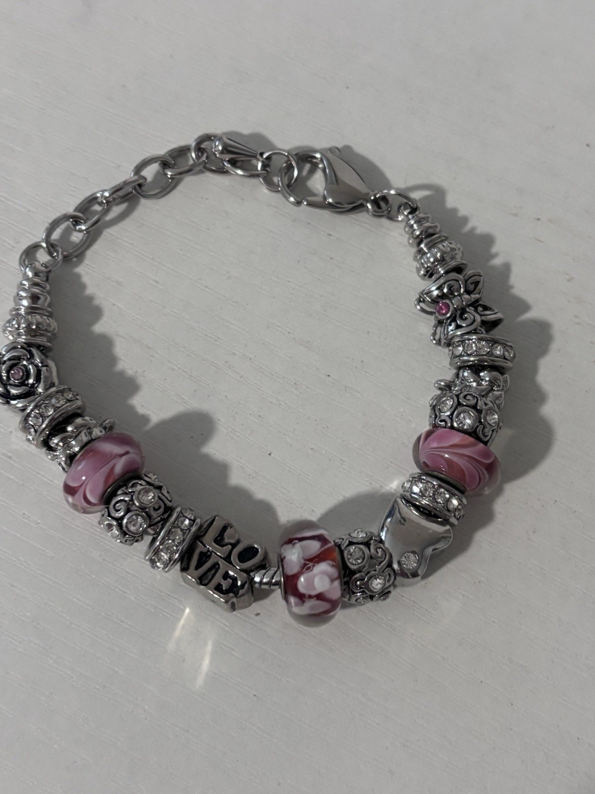 Bella Perlina Pink Beads Love Rhinestones Silver Adjustable Charm Bracelet