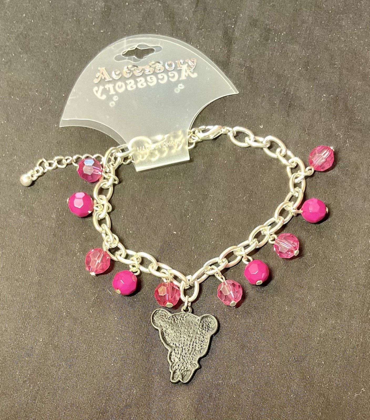 Pucca Anime Charm Bracelet Silver Tone Pink Faceted Beads Adjustable NEW Kawaii