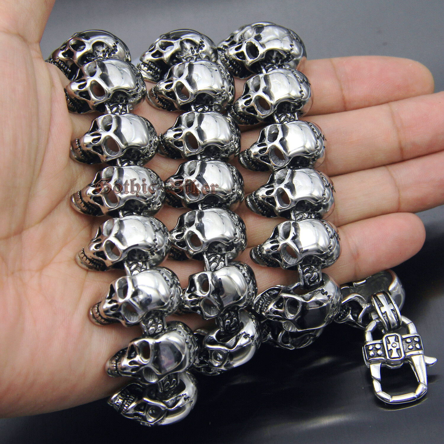 Heavy Huge Stainless Steel Multi Skulls Chain Link Men’s Necklace Silver