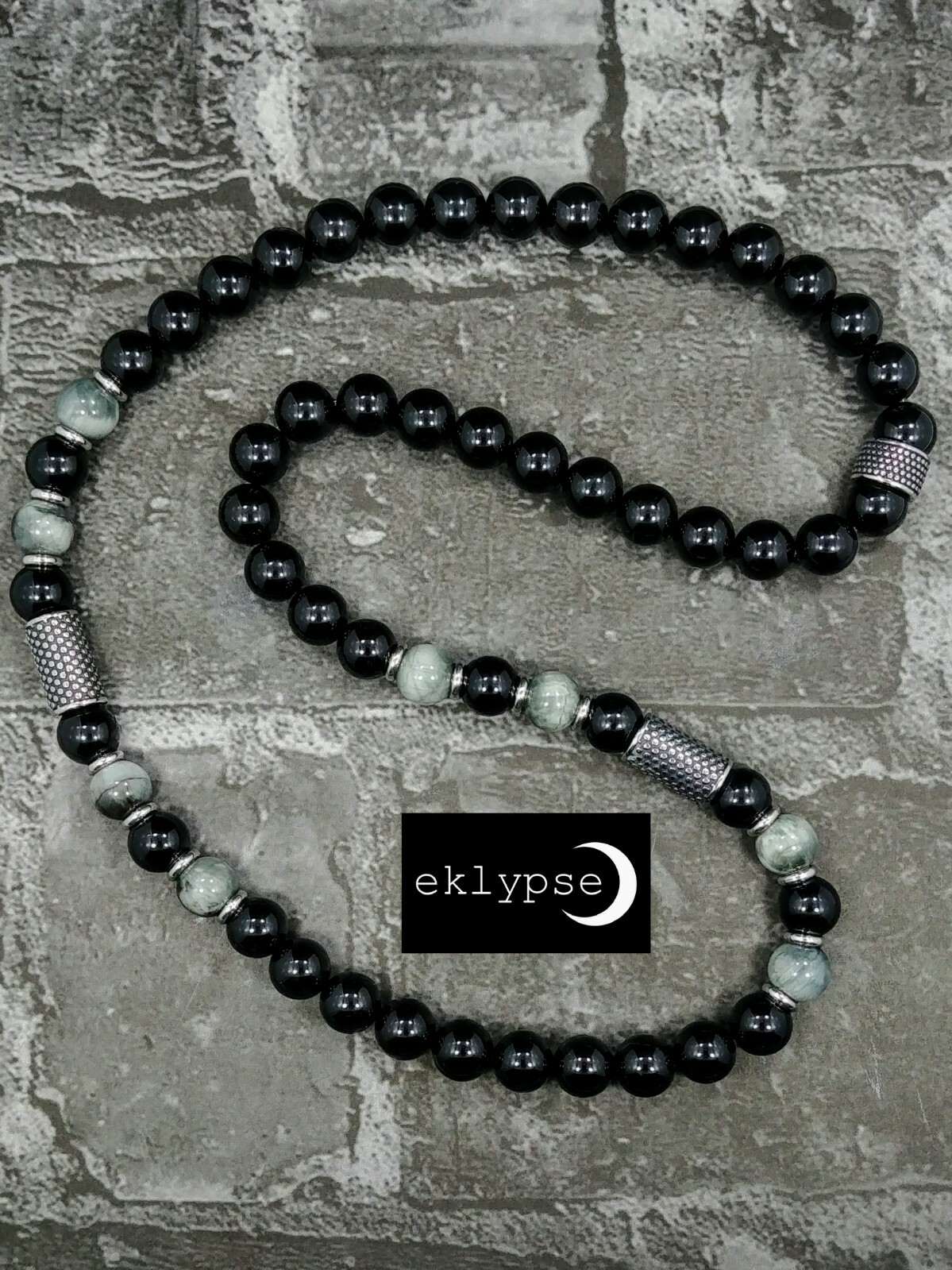 HIP 24″L STAINLESS STEEL 10mm Gray Hawk Eye+Black Onyx Gemstone Beaded Necklace