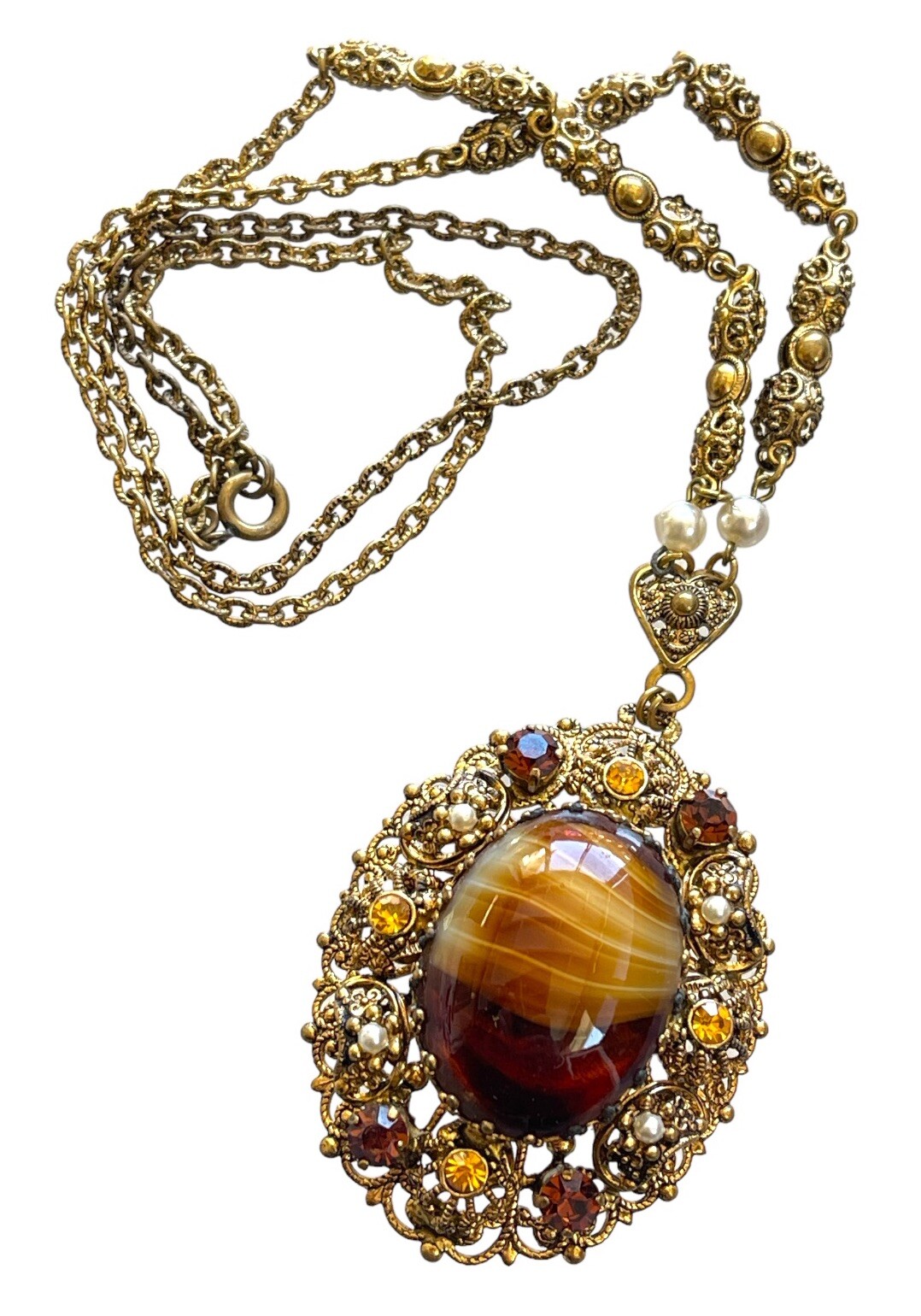 Vintage Western Germany Filigree Necklace Porphyry Glass Faux Pearls Gold Tone