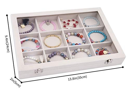Stratalife Jewelry Organizer Box Beige Velvet 12 Grids 13.78″ Dustproof Tray
