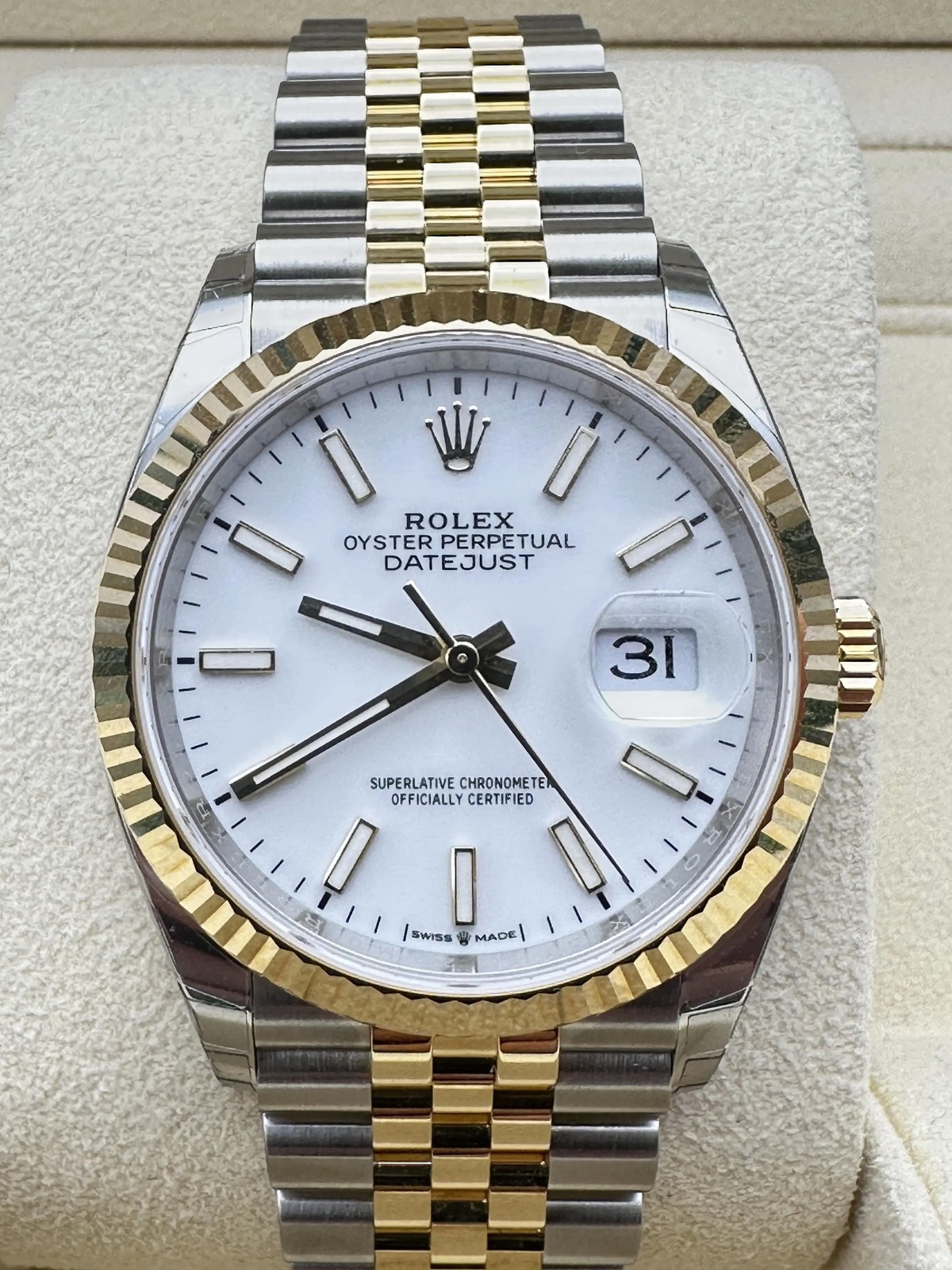 Rolex Datejust 36 126233 18K Fluted White Dial Jubilee Box Papers FULL STICKERS