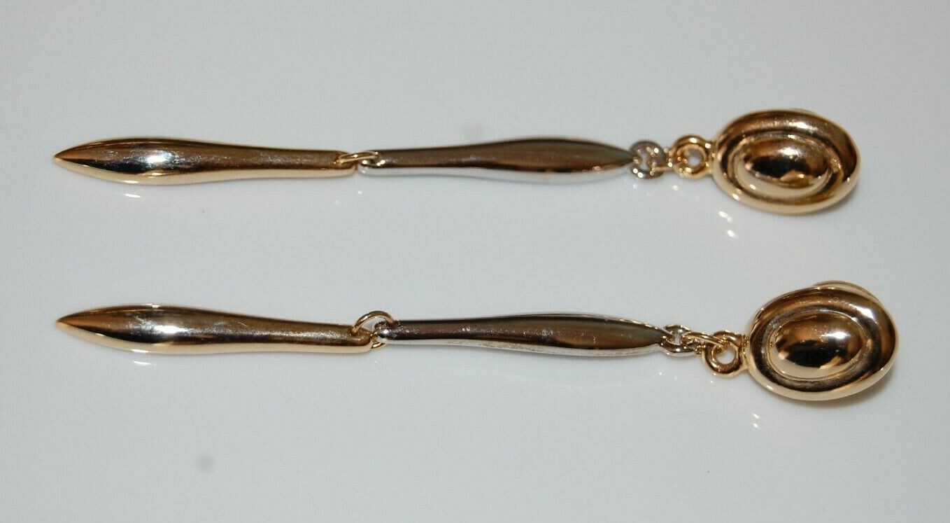 Elegant Vtg 80 Couture Silver & Gold Toned Metal Modern Style Drop Post Earrings