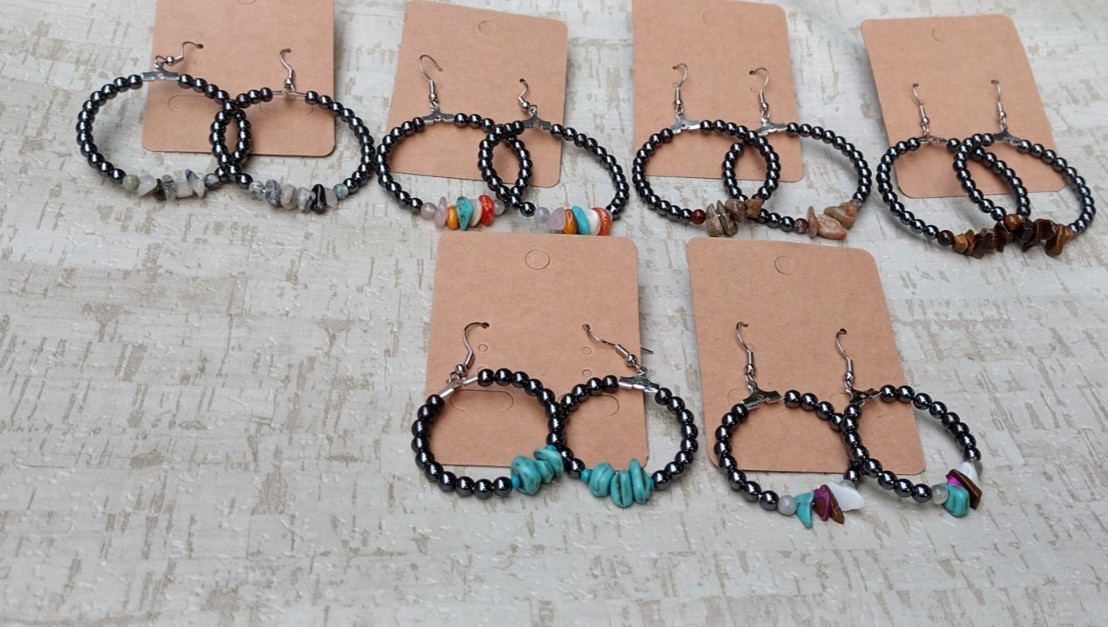 Set of 6 Mixed Hematite & Chip Stone Hoop Earrings, Bulk Lot as Pictured