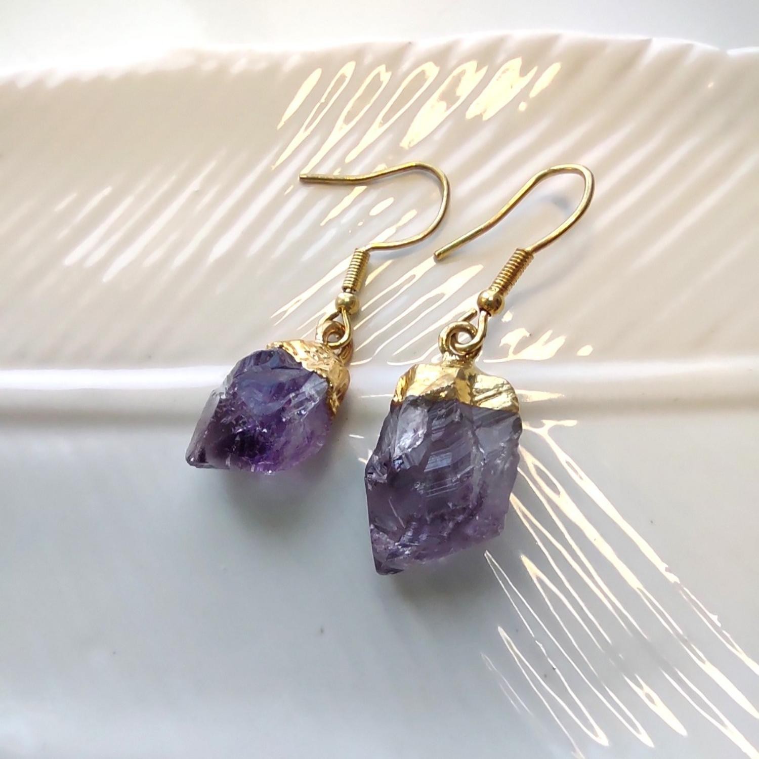 New! Gold (Color) Plated Purple Amethyst Gemstone Crystal Earrings, Free Ship!