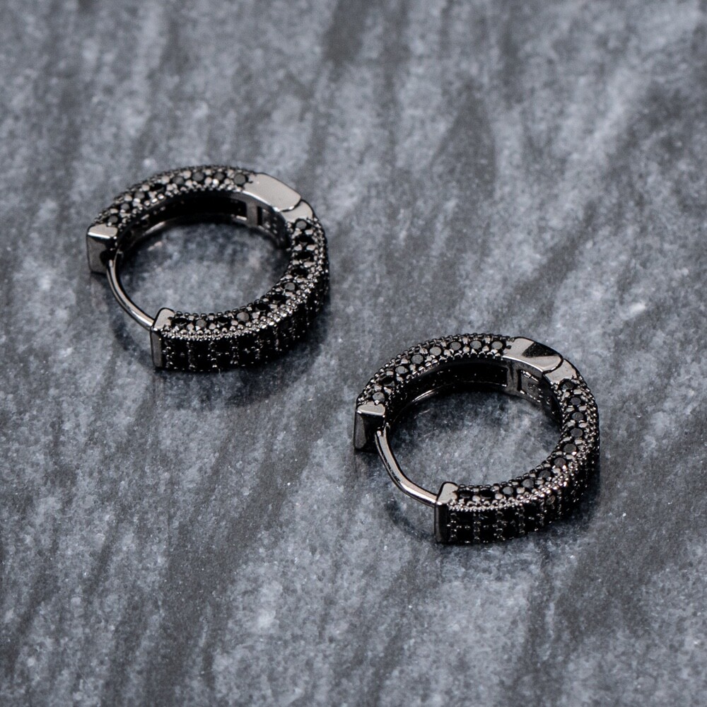 Black Plated Mens Sterling Silver Fully Iced Black Onyx Cz Hoop Earrings