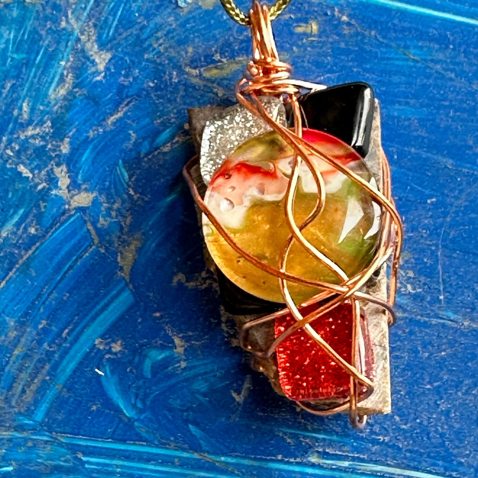 Pendant OOAK Handmade Artisan Wire Wrapped Glass And Stones 2204 S