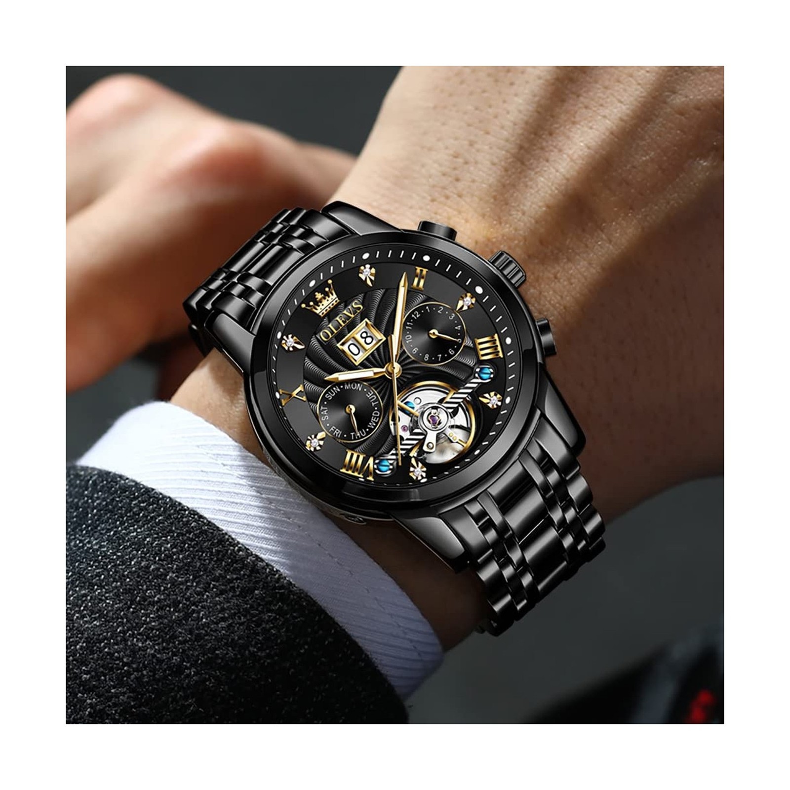 OLEVS Men Automatic Watch Skeleton 5 Hands Mechanical Classic Luxury Multi Ca…