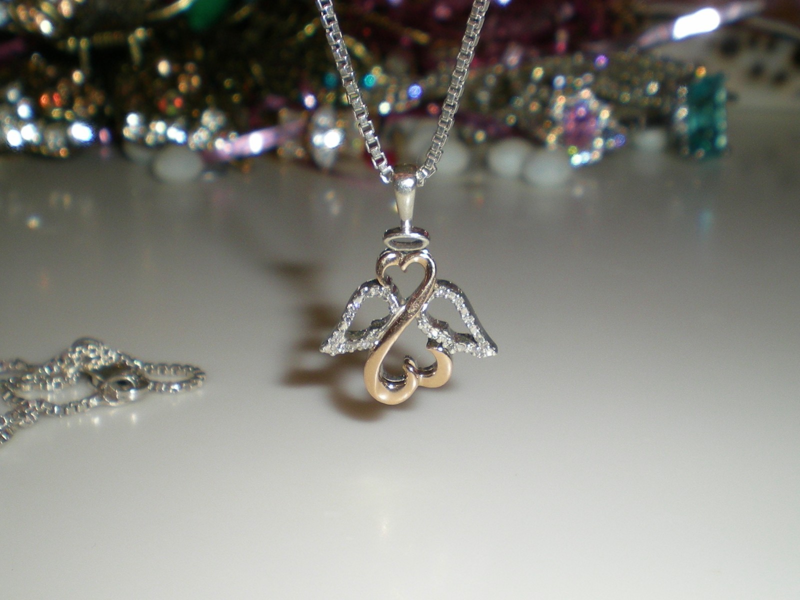 Jane Seymour Open Hearts 1/20ct SS 10K Rose Gold ANGEL Diamond Necklace KAY BOX