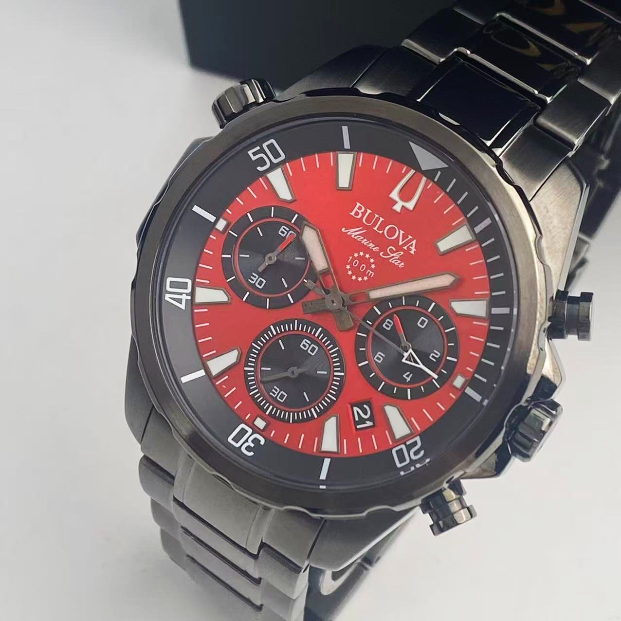 Bulova Marine Star 98B350 Men’s Chronograph Quartz Watch Red Dial Stainless 43mm