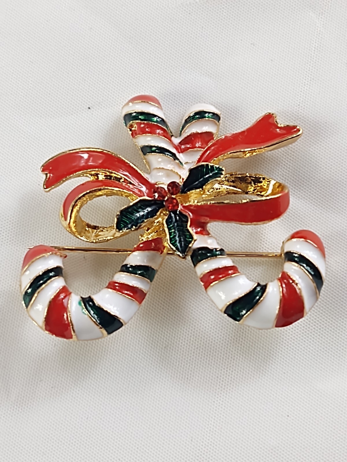 Christmas Holidays Double Candy Canes With Red Bow Brooch Pin Costume Jewelry