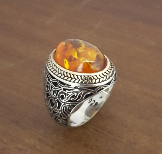 Solid 925 Sterling Silver Natural Baltic Amber Gemstone Signet Men’s Unisex Ring