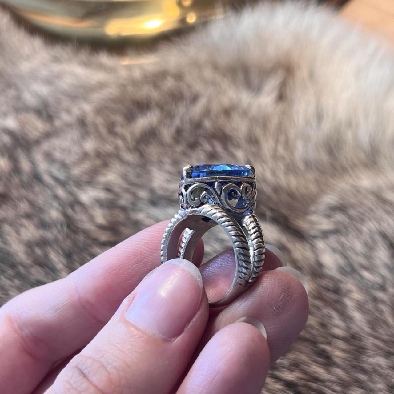 David Schorr Sterling Silver & 18k Gold Blue Topaz Ring 925 Sz: 7.75