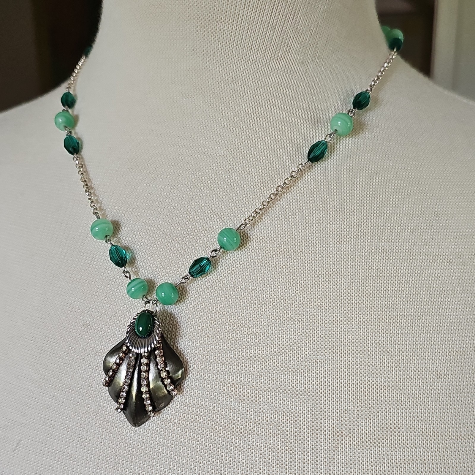 Assemblage Necklace Vintage Czech Glass Beads Malachite Cab Pendant Silver Tone