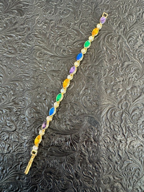 Vintage Gold Tone Rainbow Marquise Rhinestone Tennis Bracelet Purple Blue Green