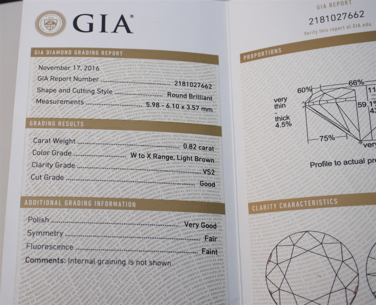 GIA Natural Loose Diamond Round Brilliant Vintage Light Brown 0.82ct VS2 W-X