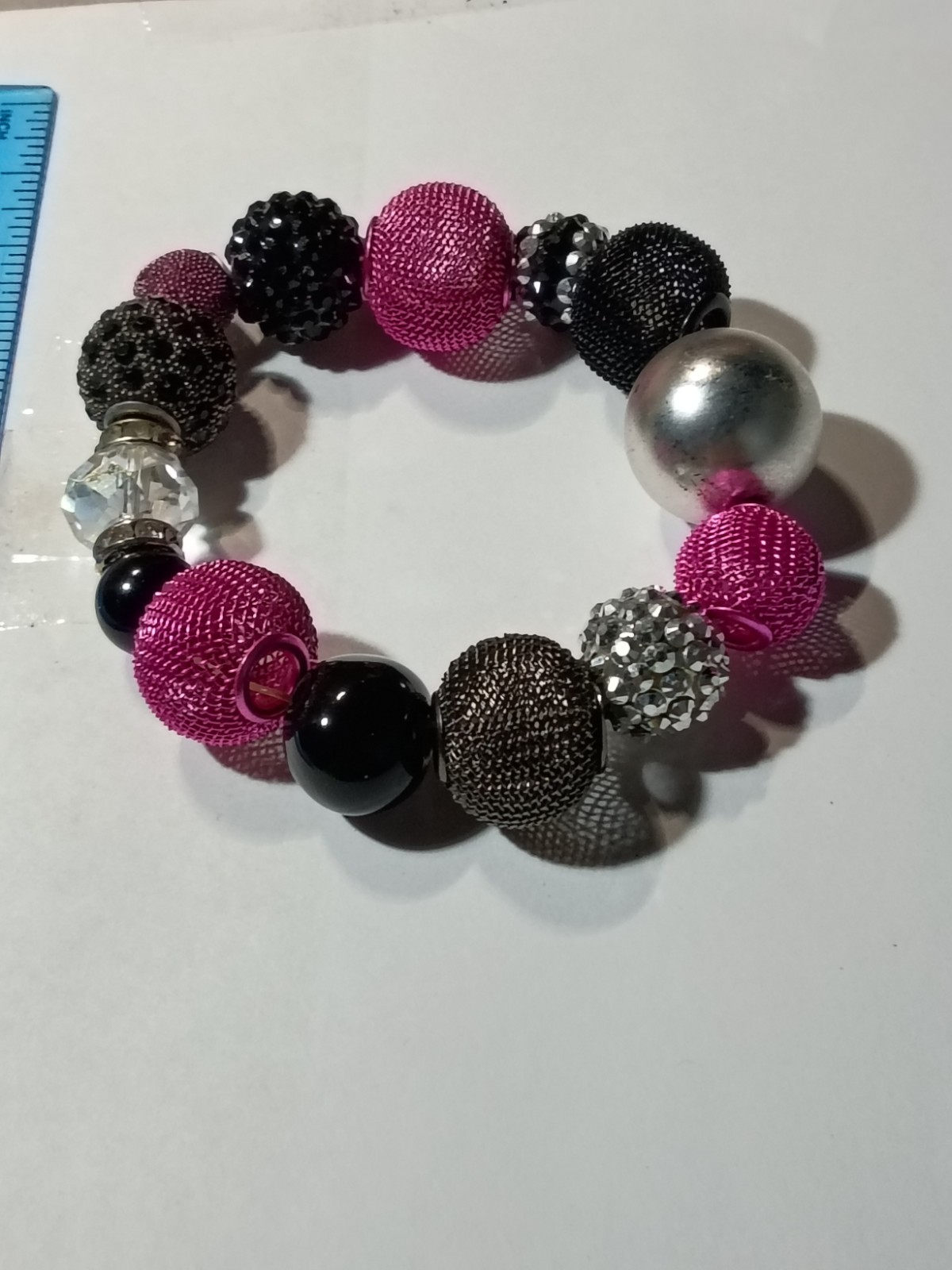 Pink Black Silver Tone Beaded Stretch Bracelet Clear Round Crystal Rhinestone
