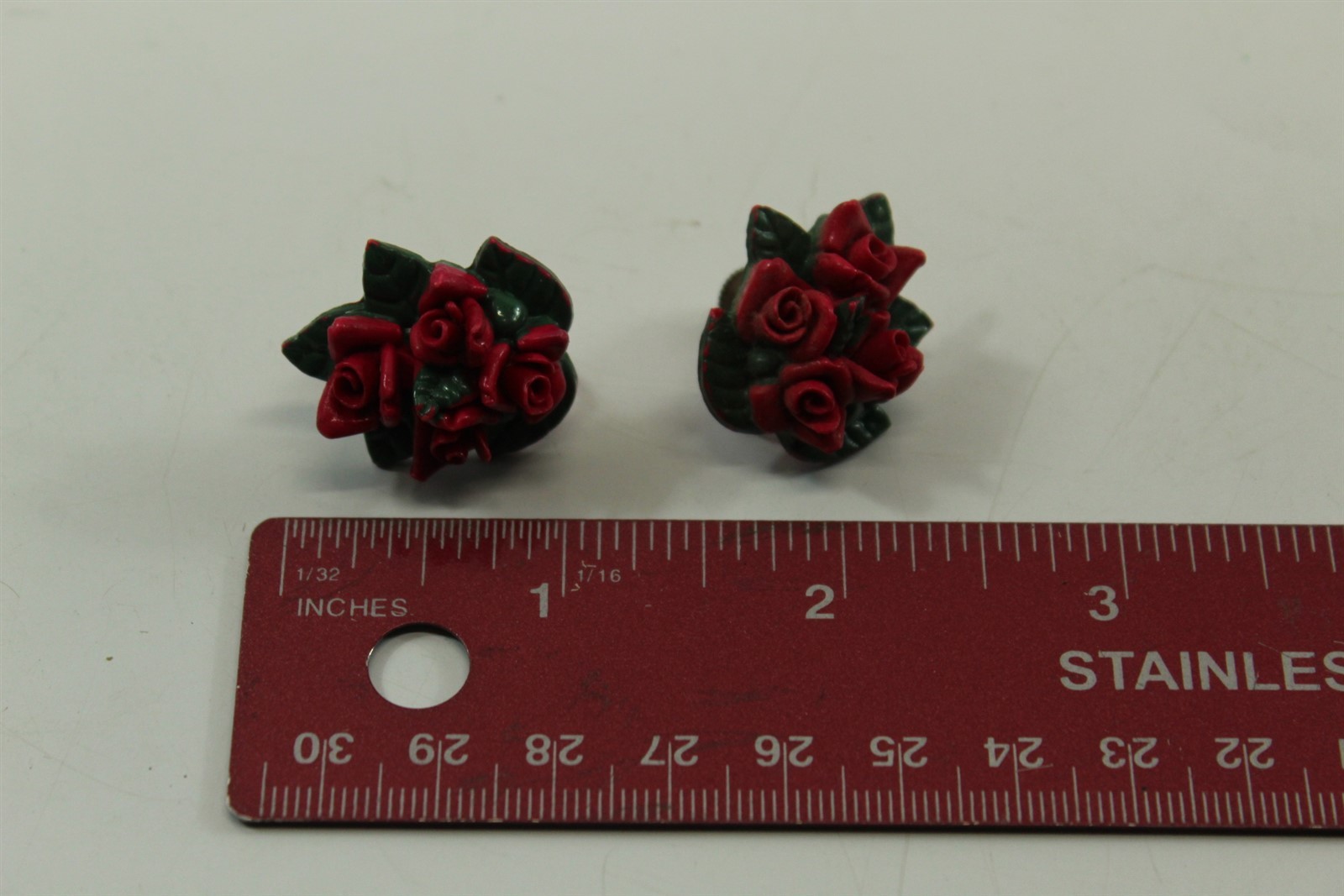 Vintage Earrings Red Rose Clip On Silver-tone Alloy On Acrylic Stamped Japan