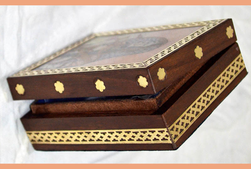 Designer wooden jewelry box with gem stone painting and brass border from India!