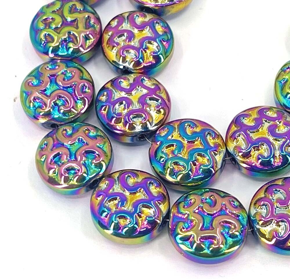13mm Rainbow Peacock Glass AB Plated Carved pattern Disc Beads Metallic (13pc)