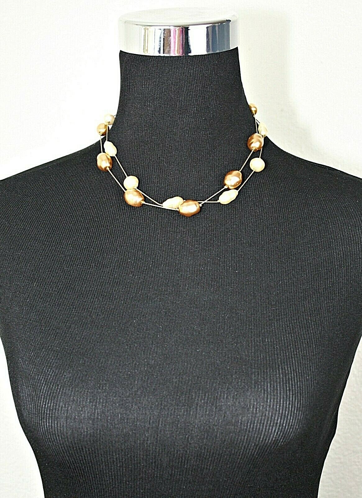 DABBY REID Signed 2 Strand Necklace Golden Chains Cream Beige Faux Pearl Beads
