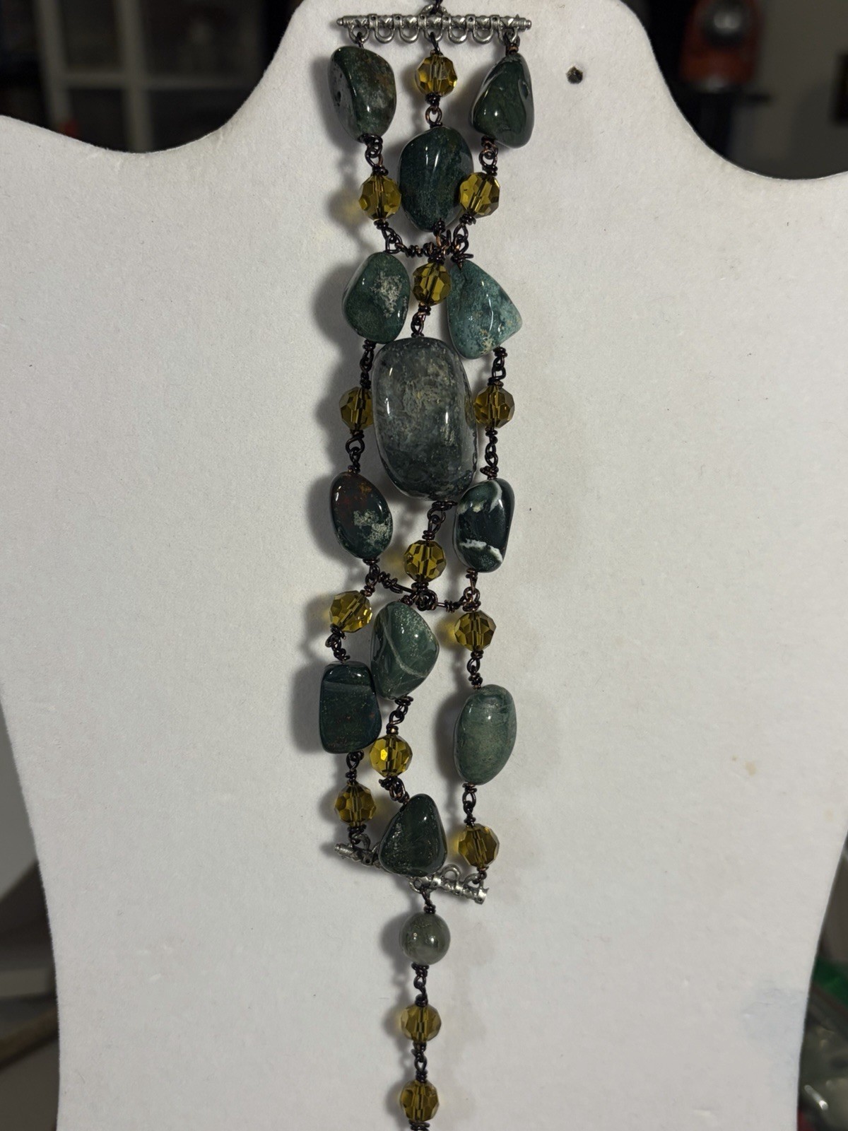 Handmade Moss Agate Bracelet Boho Wire Wrapped Green Jasper Multi Strand Cuff