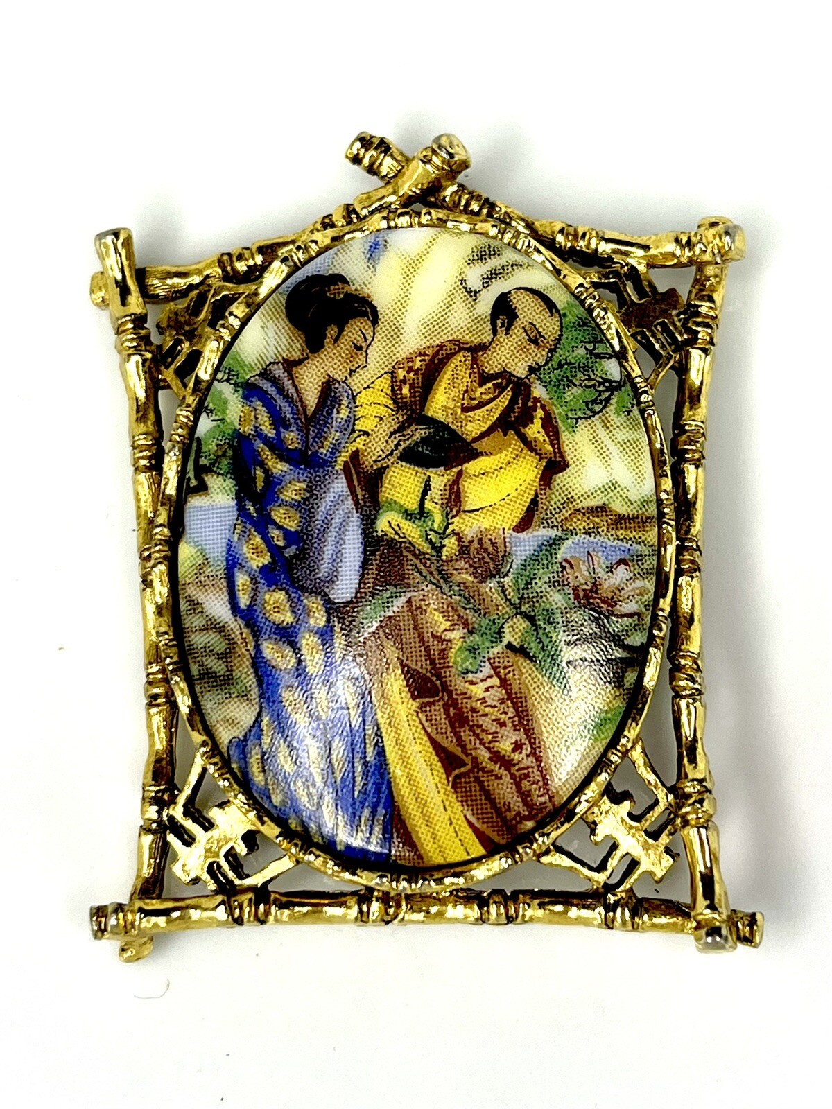 Vintage ART Arthur Pepper Enamel Brooch Bamboo Frame Asian Couple Scene Signed