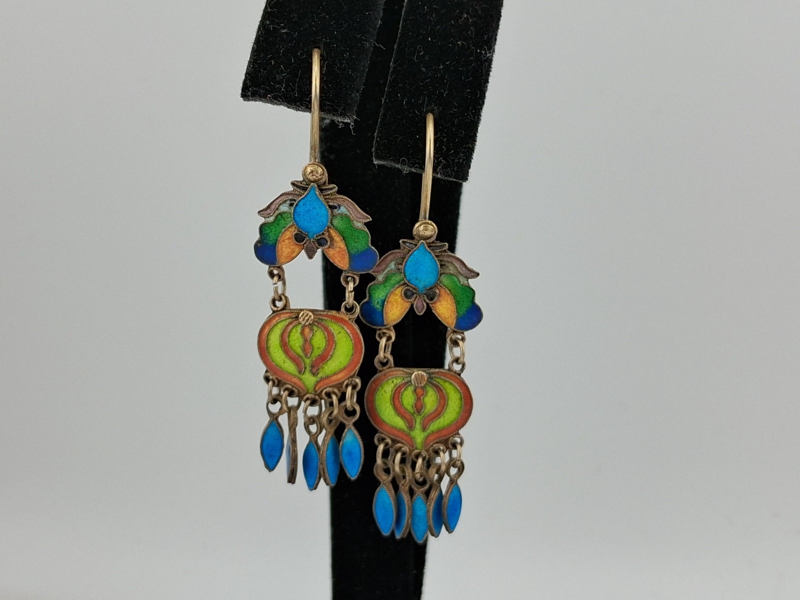 Fabulous! Pair Vintage Sterling Silver Gilt Enameled Chinese Export Earrings