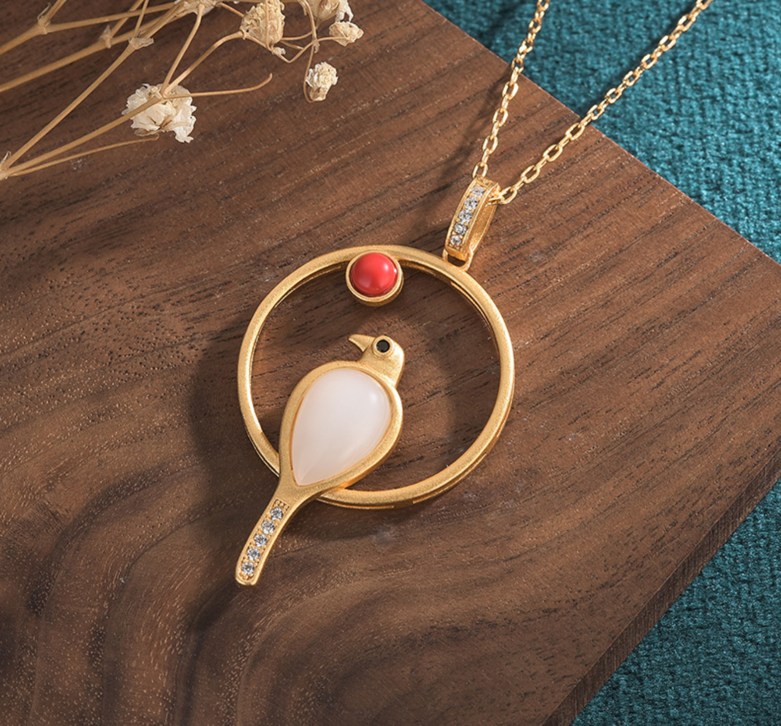 Jade Crystal Pendant Necklace Charm 18K Gold Plated Chain Bird Dainty Gemstone