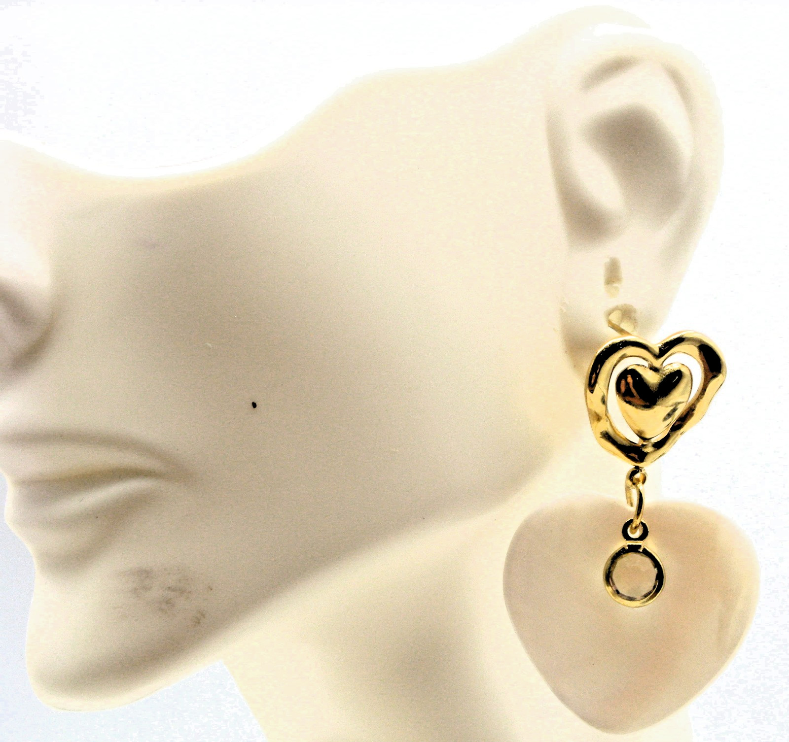 Opulent Luminous Shell Look Heart Dangle 18K Gold PVD Stainless Steel Earrings