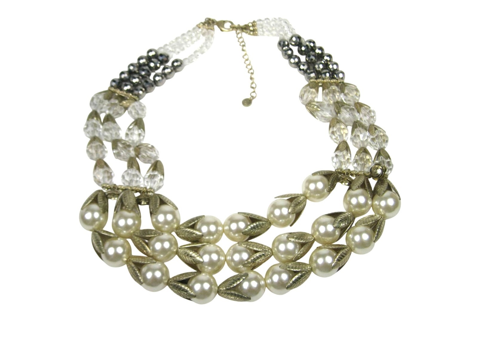 Lydell NYC Simulated Pearl Plastic Bib Necklace Gold Tone Multi Strand Statement