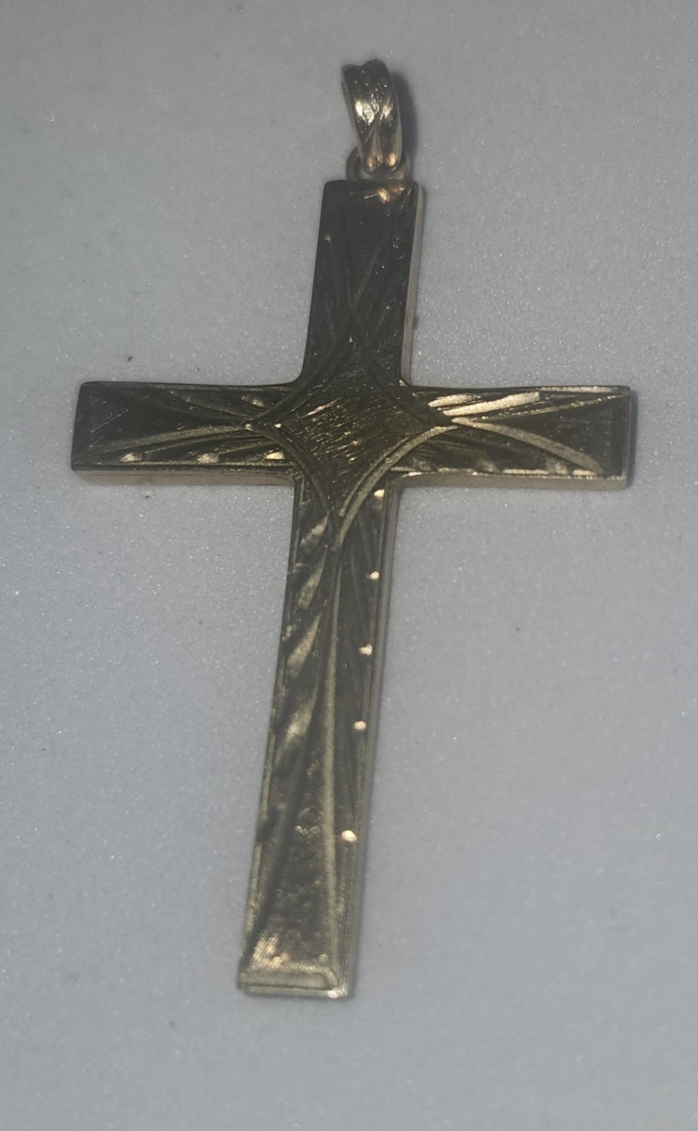 10K Yellow Gold Signed ESEMCO Etched Cross Pendant 1.18 Inch Long, 3/4 Inch Wide
