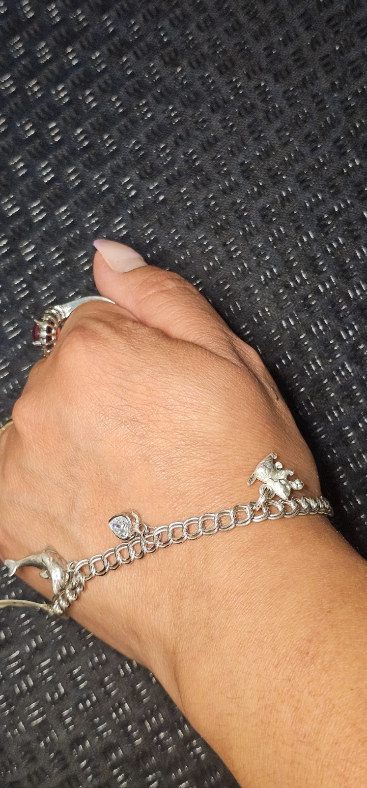 Vintage 925 Sterling Silver Teddy Bear Dolphin Heart CZ Charm Bracelet 17cm 8.5g