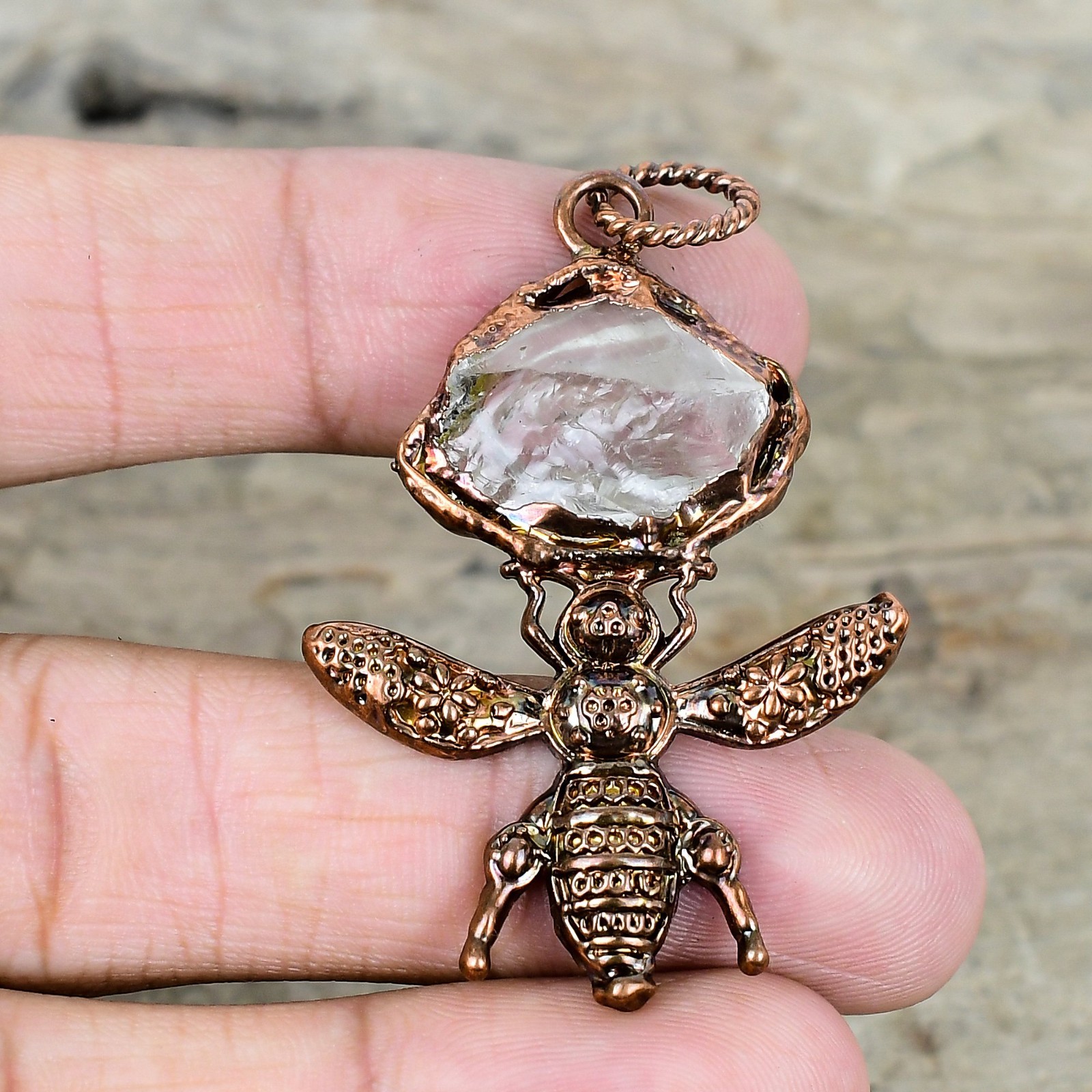 Natural White Topaz Rough New Electroformed And Honey Bee Pendant Jewelry Copper