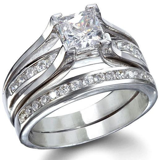 2.55c Princess Cut AAA CZ Stainless Steel Wedding Ring Set Women’s Size 5-9
